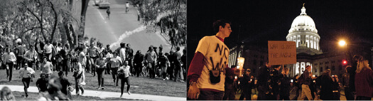 <p>It’s a study in contrasts: Protestors against the Vietnam War ran from tear gas on Bascom Hill in the spring of 1970 (left), when a culmination of factors led to a week of campus protest — and a return of the National Guard. In recent years, demonstrations against the wars in Iraq and Afghanistan, including a candlelight march at the State Capitol in 2003 (above), have been peaceful.</p>