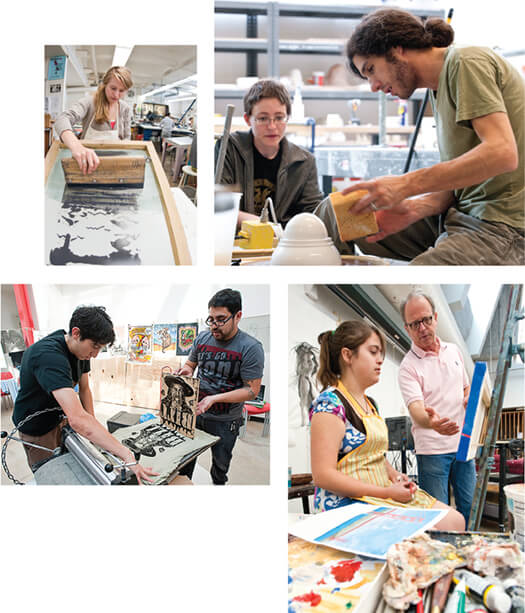 <p>Top left: Like magic, an image appears as Sigrid Hubertz x’12 uses a squeegee in art professor John Hitchcock’s screen-printing class in the Mosse Humanities Building.  </p> <p>Top right: Watch and learn. Jacquelyn Whisenant x’12 (left) pays close attention as Paul Sacaridiz, associate professor of art, demonstrates a ceramic technique during a class session focusing on making molds for working with clay. </p> <p>Right: With her tools of the trade close at hand, Yvonne Foy x’13 (left) listens to advice from art professor T.L. Solien during Intermediate Painting class in the Mosse Humanities Building. </p> <p>Above: Have press, will travel. Justin Maes x’12 (left) and Joseph Velasquez MA’06, MFA’07 create a woodblock print on a T-shirt during an event at the Art Lofts in 2009. A few years earlier, Velasquez and Greg Nanney MA’06, MFA’07 created Drive By Press, a design collective that allows them to take their passion for printmaking on the road. They bought a fourteenth-century-style press and have been spreading ink and the art of print- making to audiences across the United States ever since.</p>
