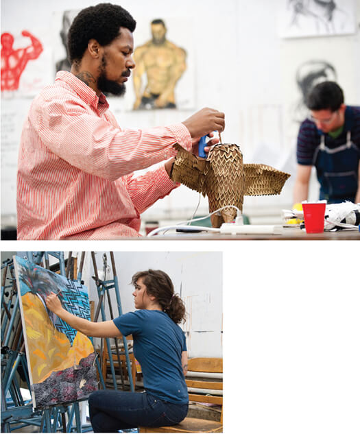 <p>Above: An idea begins to take tangible shape that others can absorb as Comfort Wasikhongo x’12 works on a three-dimensional mixed-media piece in an Intermediate Drawing class taught by faculty associate Michael Velliquette MA’99, MFA’00. </p> <p>Left: For classmate Meg Fransee x’11, the medium of choice is paint as she works on a piece in Velliquette’s Intermediate Drawing class held during Summer 2010. The course explores conceptual drawing in various media. </p>