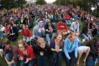 The crowd spilled over onto Bascom Hill and other areas when Library Mall filled to capacity awaiting the arrival of President Barack Obama in September. Photo: Jeff Miller