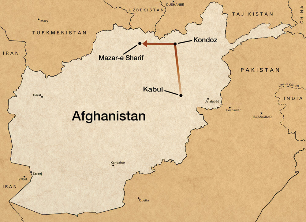 Map showing Williams route from Kabul to Kondoz to Mazar-e Sharif to visit Dostum