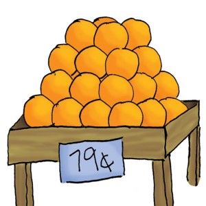 Illustration showing oranges displayed for sale