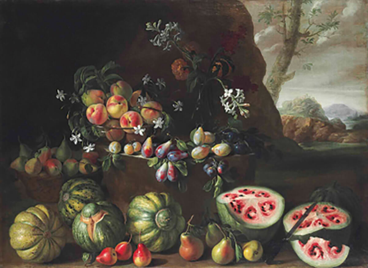 Watermelons, peaches, pears and other fruit in a landscape, Giovanni Stanchi (Rome, c. 1645-1672).