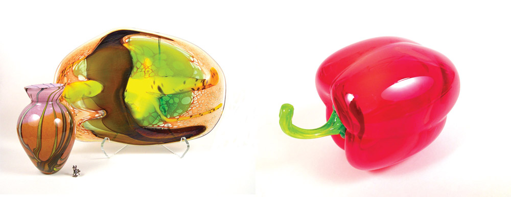 She is known for her glass fruits and vegetables, such as the bell pepper at left, as well as platters and vases (below).
