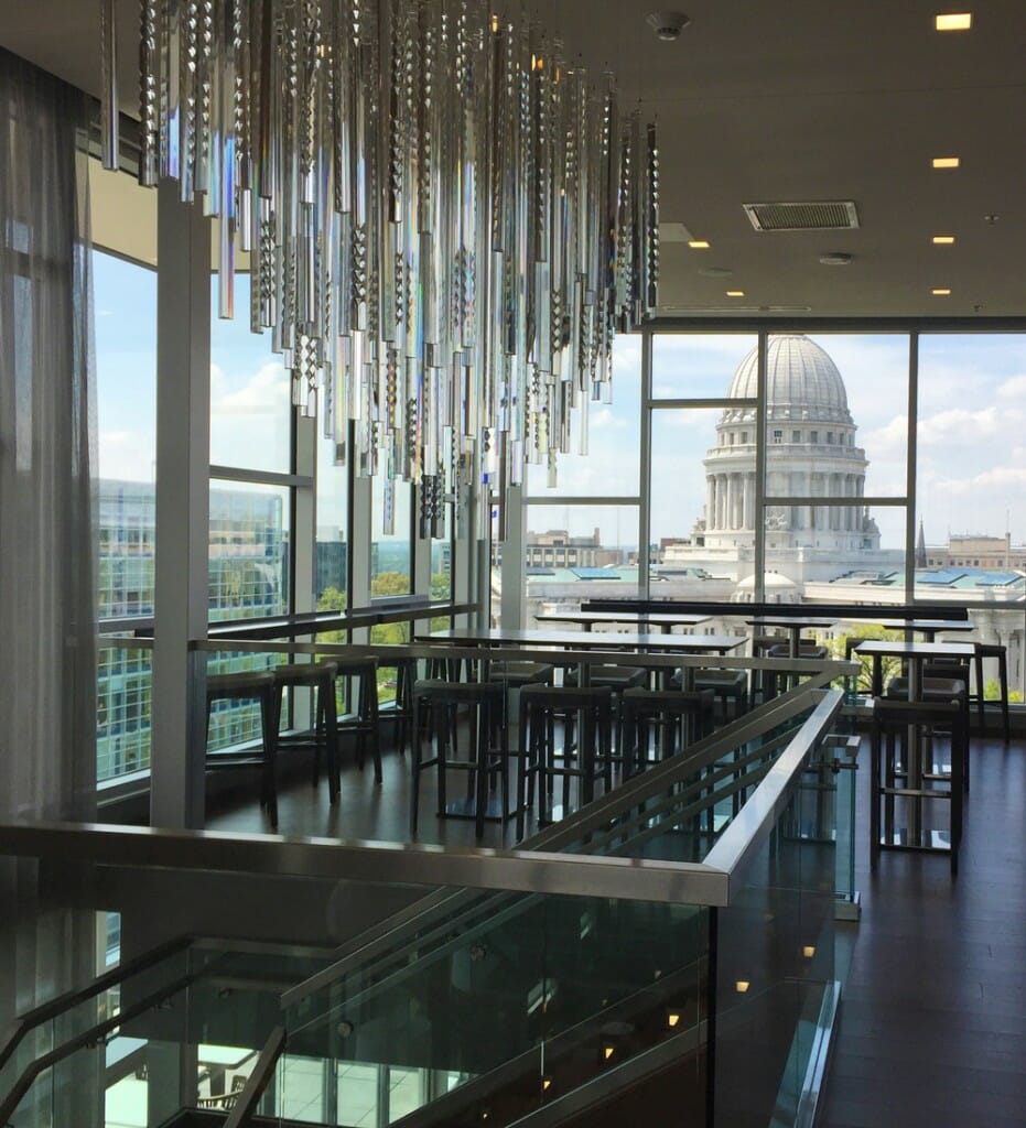 Interior of Eno Vino Wine Bar and Bistro shows view of capitol building