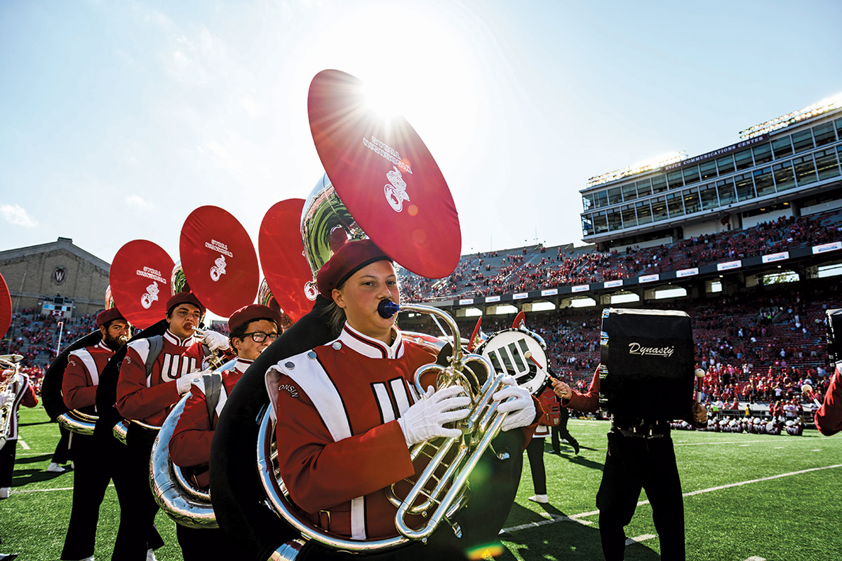 UW–Madison marching band tuba players perform during Fifth Quarter