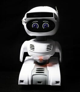 White doll-sized robot with large expressive eyes