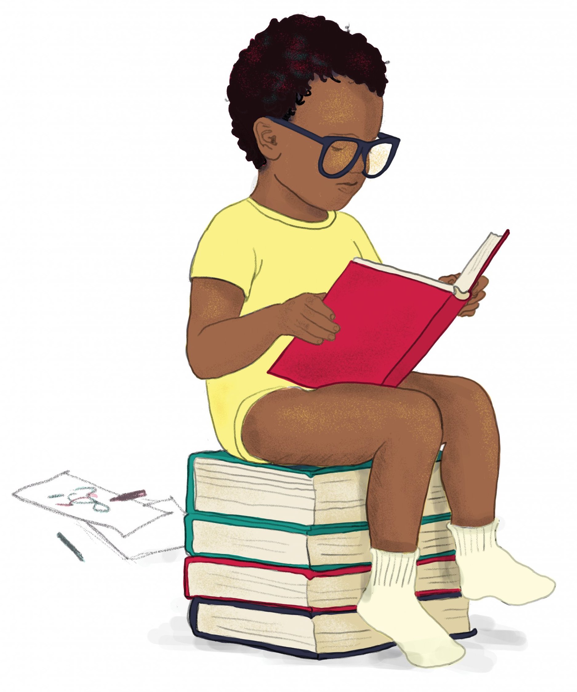 Illustration of child reading a book sitting atop a pile of books