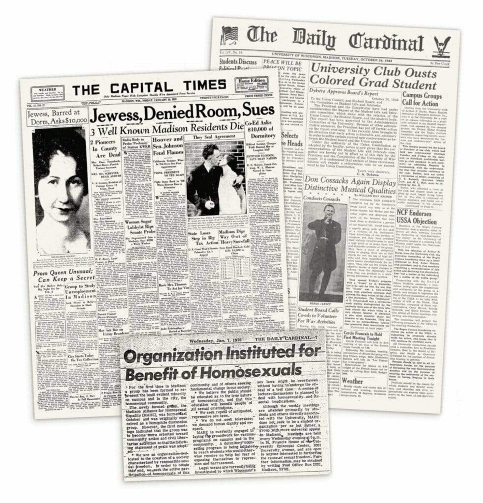 Compilations of historical newspaper clippings from the Capital Times and The Daily Cardinal covering issues of discrimination and resistance on campus
