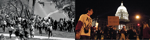 opener_525 <p>It’s a study in contrasts: Protestors against the Vietnam War ran from tear gas on Bascom Hill in the spring of 1970 (left), when a culmination of factors led to a week of campus protest — and a return of the National Guard. In recent years, demonstrations against the wars in Iraq and Afghanistan, including a candlelight march at the State Capitol in 2003 (above), have been peaceful.</p>
