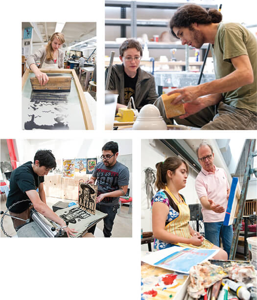 p46_525 <p>Top left: Like magic, an image appears as Sigrid Hubertz x’12 uses a squeegee in art professor John Hitchcock’s screen-printing class in the Mosse Humanities Building. </p> <p>Top right: Watch and learn. Jacquelyn Whisenant x’12 (left) pays close attention as Paul Sacaridiz, associate professor of art, demonstrates a ceramic technique during a class session focusing on making molds for working with clay. </p> <p>Right: With her tools of the trade close at hand, Yvonne Foy x’13 (left) listens to advice from art professor T.L. Solien during Intermediate Painting class in the Mosse Humanities Building. </p> <p>Above: Have press, will travel. Justin Maes x’12 (left) and Joseph Velasquez MA’06, MFA’07 create a woodblock print on a T-shirt during an event at the Art Lofts in 2009. A few years earlier, Velasquez and Greg Nanney MA’06, MFA’07 created Drive By Press, a design collective that allows them to take their passion for printmaking on the road. They bought a fourteenth-century-style press and have been spreading ink and the art of print- making to audiences across the United States ever since.</p>