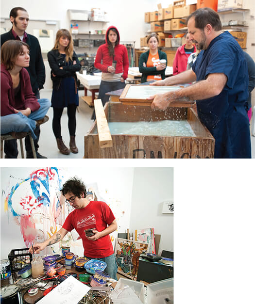 p49_525 <p>Above: Some artists work on paper; others work in it. Instead of setting odds and making bets, Jim Escalante MFA’81, professor of art (right), gives new meaning to the term bookmaker as he demonstrates the paper-making process in Art 446: Artists’ Books. The class covers the multiple=