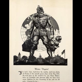An illustration of a soldier returning to his alma mater from the battlefields of France appeared in the 1920 <em>Badger</em> yearbook. During World War 1, the university sent thousands of officers to fight in Europe. Not all came home: more than 100 alumni died in the effort. 
<span class=