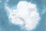 Map of Antarctica with names of mountains and mountain ranges labeled.