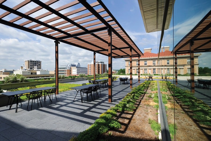 Rooftop deck with wooden trellises and patio tables