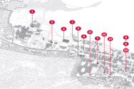 Illustrated map of the UW–Madison campus with red numbers from 1 to 13 pointing to buildings.