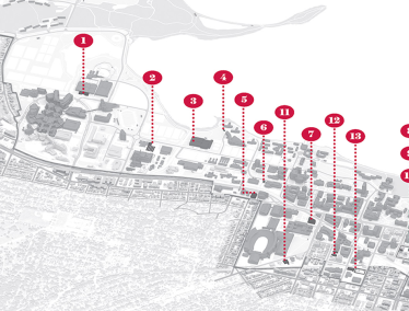 Illustrated map of the UW–Madison campus with red numbers from 1 to 13 pointing to buildings.