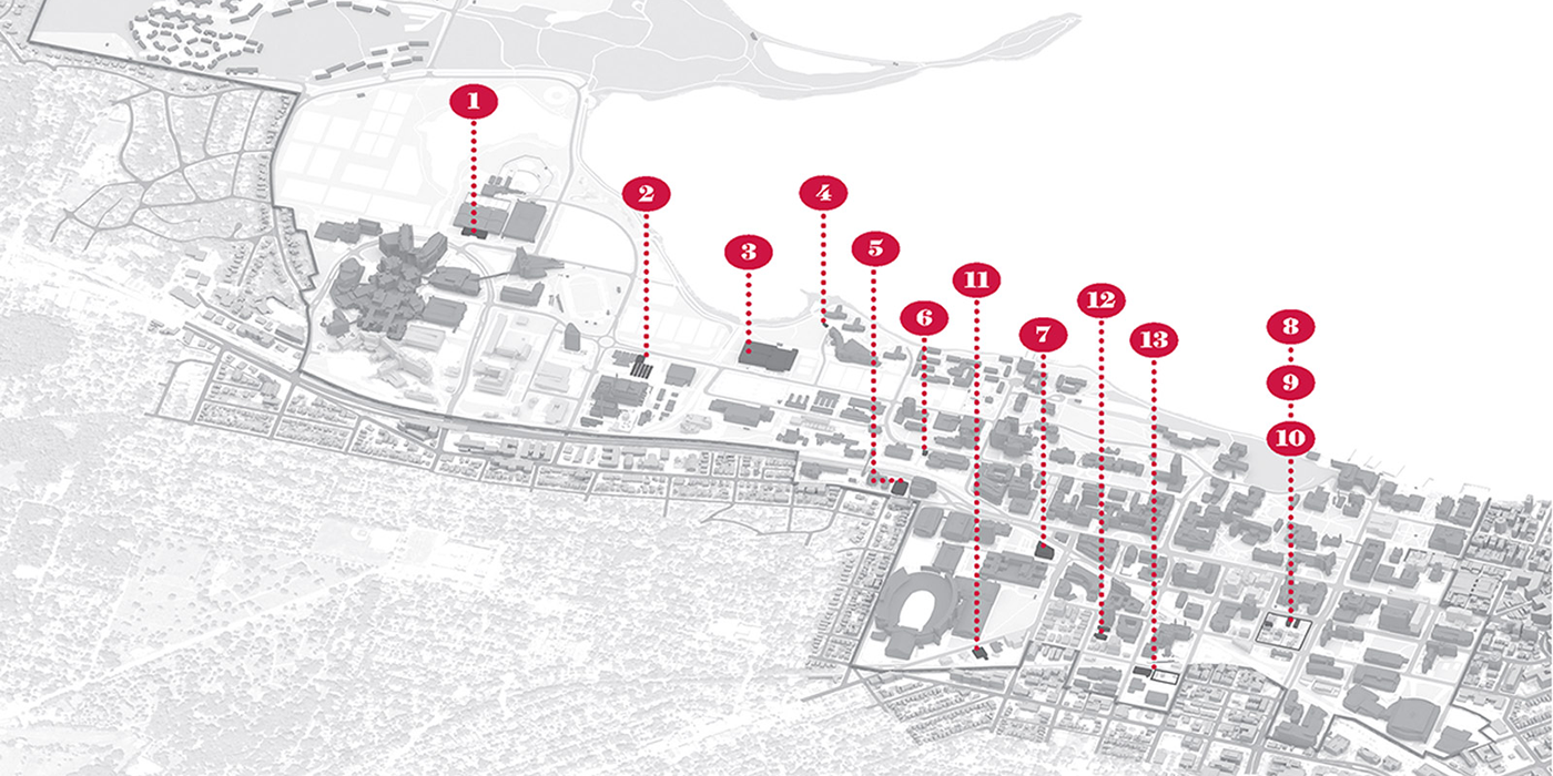 Illustrated map of the UW–Madison campus with red numbers from 1 to 13 pointing to buildings.