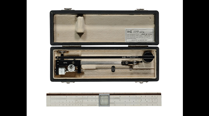 Slide rule and planimeter, used to measure distances and land areas on maps.