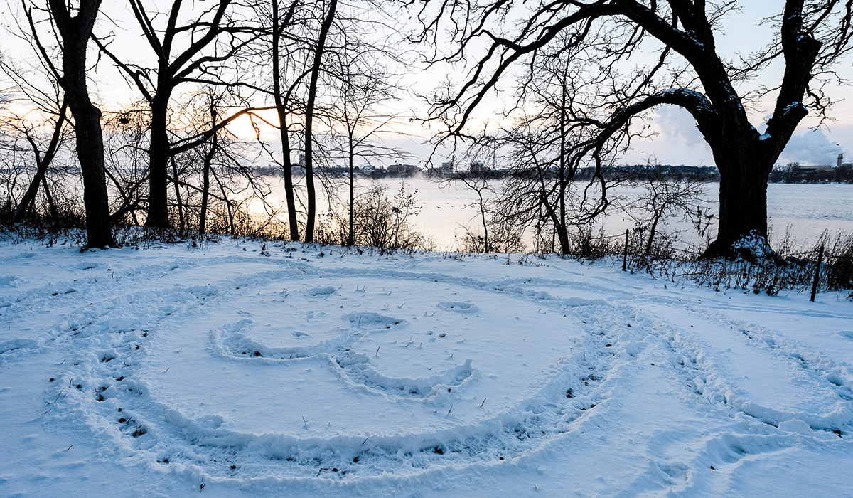 Drawing of dog face in snow at Picnic Point in winter.