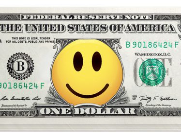 Photo illustration of stack of dollar bills with yellow smiley face over center