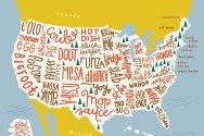 Illustration of map of the United States filled with words placed in the region where that word is most common