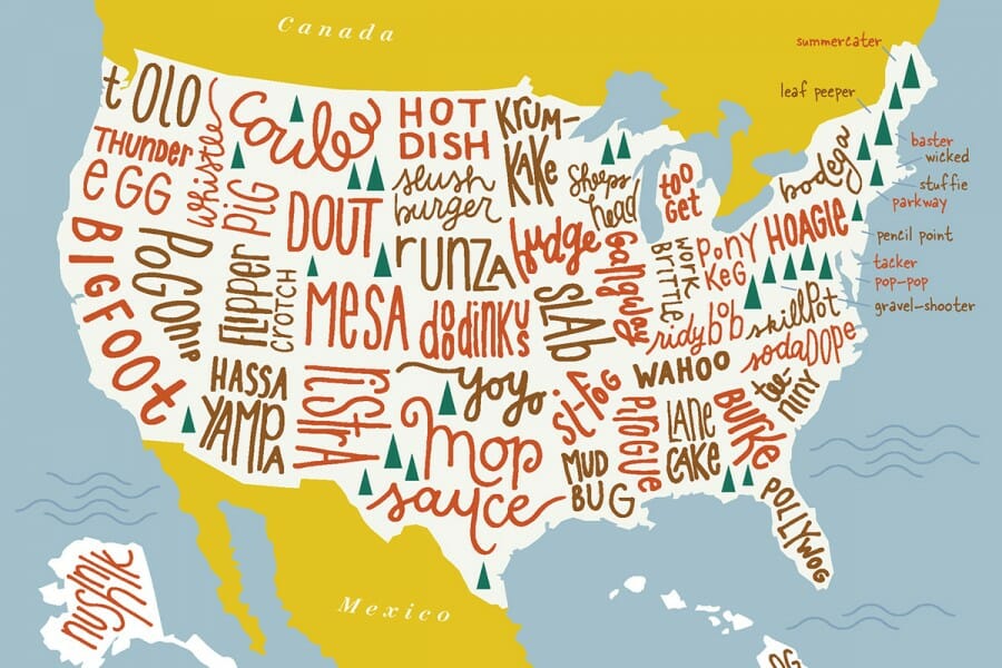 Illustration of map of the United States filled with words placed in the region where that word is most common