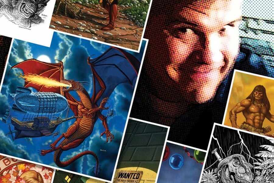 Colorful photo illustration combining photo of Jeff Butler with comic book illustrations