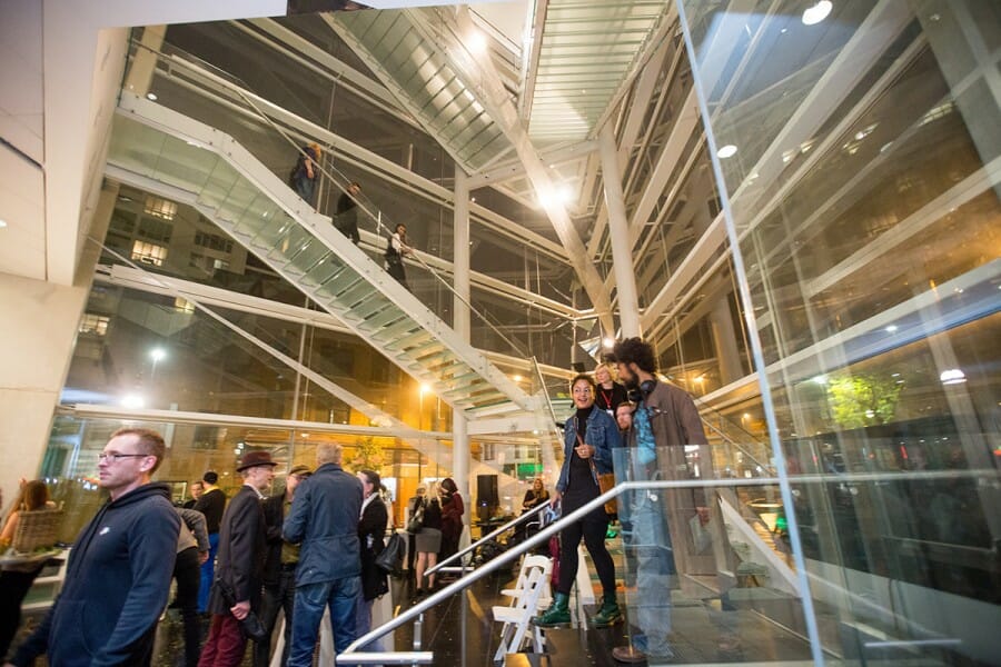 People congregate in interior of Madison Museum of Contemporary Art