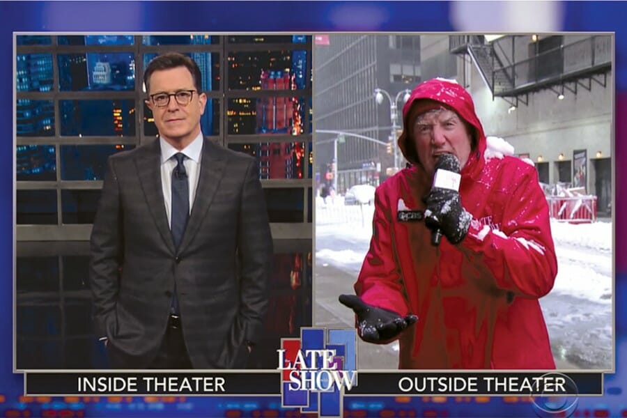 Brian Stack is depicted as a news correspondent on one side of a split screen with Late Show host, Stephen Colbert as the two do a comedy bit