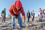 Douglas Rouse and his students collect frozen soil samples in the UW Arboretum.