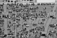 Black and white photo showing students in stands at 1968 Badger football game