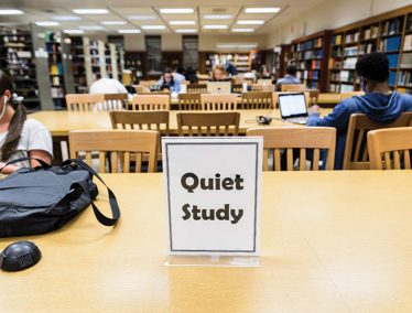 Sign reading "quiet study" on table at Memorial Library