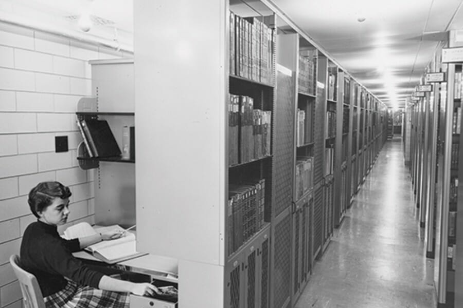 1960s image showing locked carrels in Memorial Library