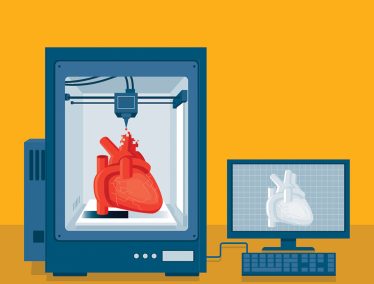 Graphic illustration of human heart being created using a 3D printer