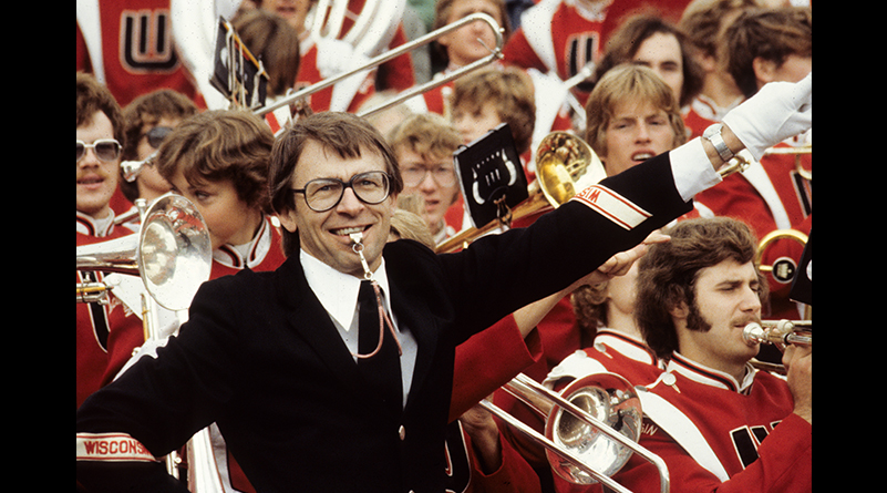 Mike Leckrone directs the UW Marching Band at Camp Randall Stadium on October 7, 1978