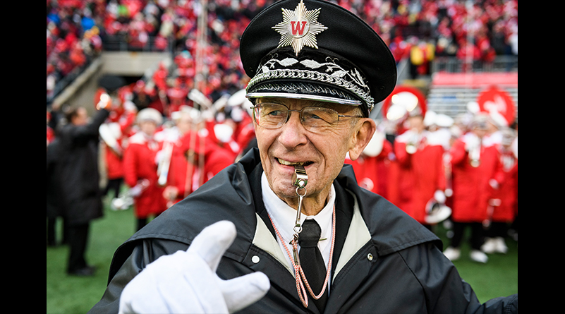 Mike Leckrone at Camp Randall Stadium during Badger football game