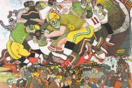 Warrington Colescott’s etching "Sunday Service" depicts football players during a Green Bay Packer's game, as well as tailgating fans