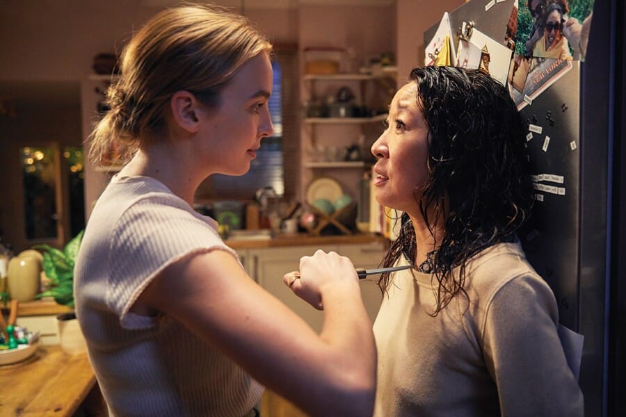Actors, Jodie Comer and Sandra Oh, during a scene from show, "Killing Eve" on BBC America