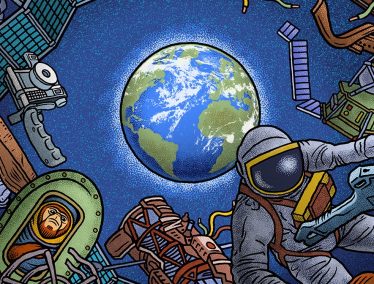 Illustration of astronaut in space suit floating amid other objects with planet Earth in the background