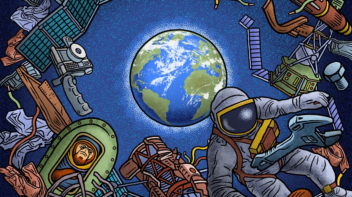 Illustration of astronaut in space suit floating amid other objects with planet Earth in the background