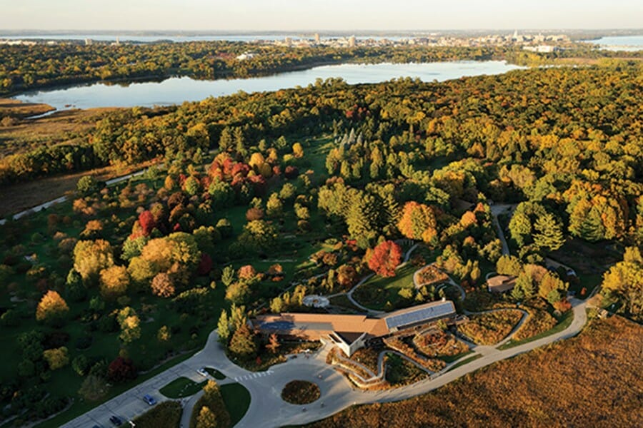 Aerial photograph of the UW Arboretum in the autumn