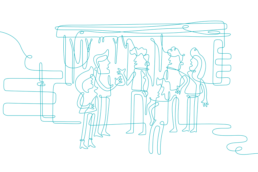 Turquoise and white line drawing of groups of people conversing on campus