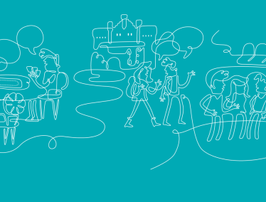 Turquoise and white line drawing of groups of people conversing on campus