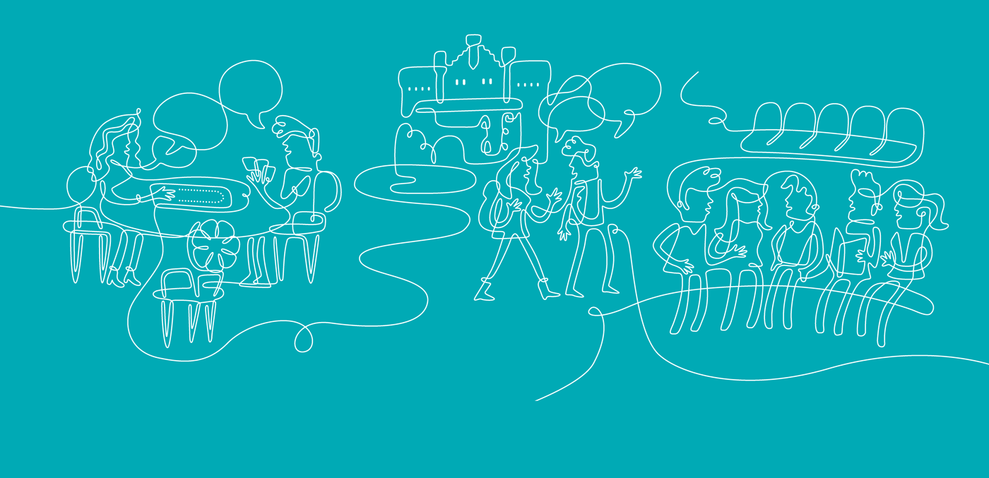 Turquoise and white line drawing of groups of people conversing on campus