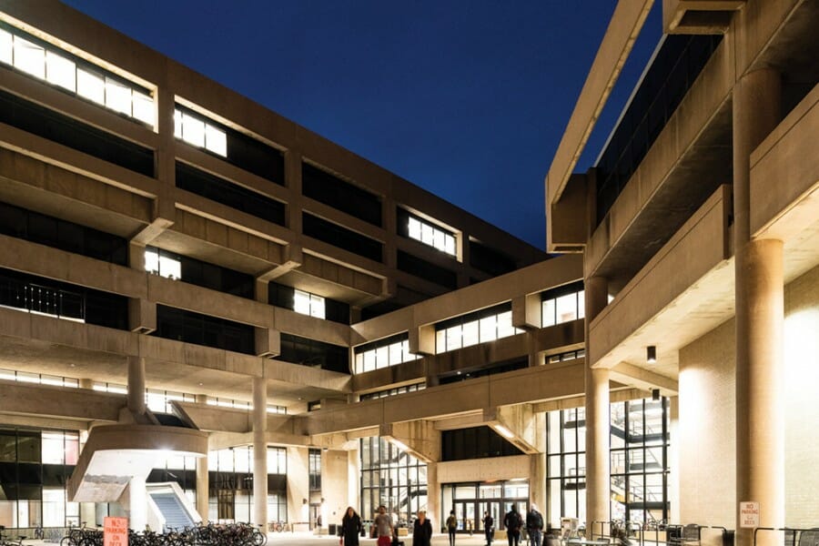 Exterior view of Helen C. White hall at night