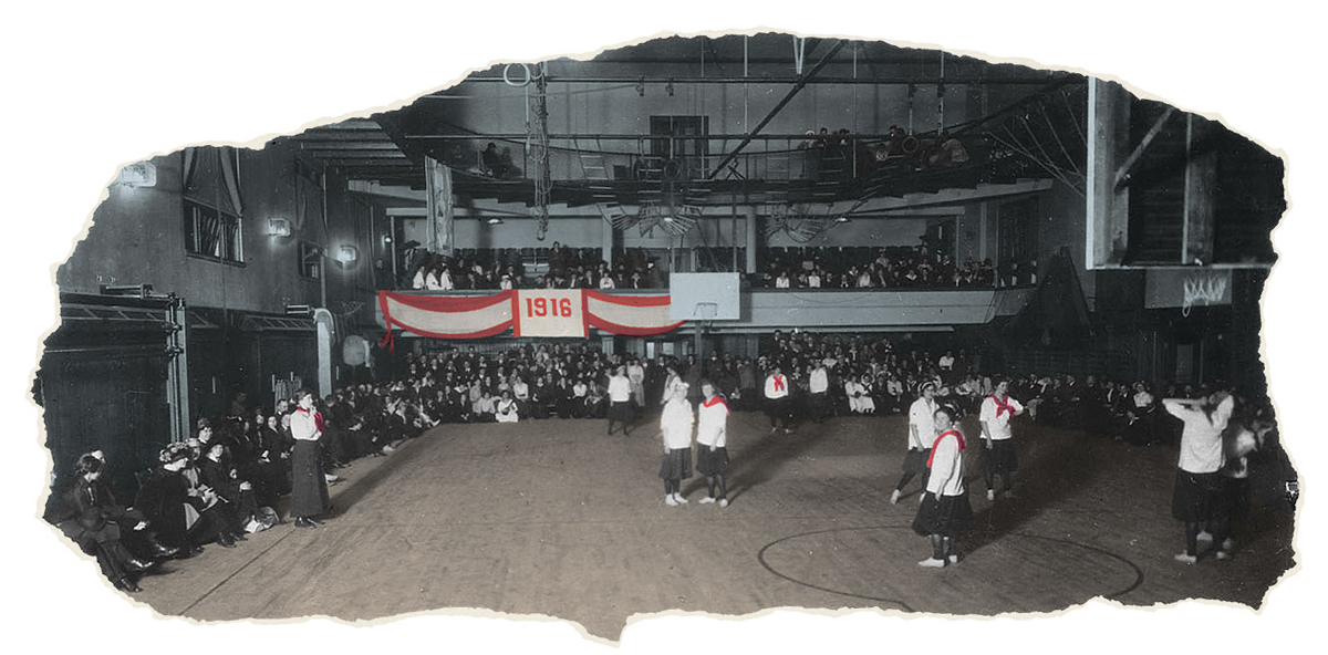 1916 photograph showing UW women basketball players on court in Lathrop Hall