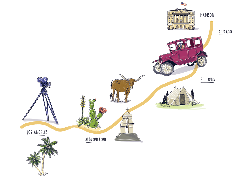 Illustration showing Emily Hahn's journey from Madison to Los Angeles with labels for each city she passed through