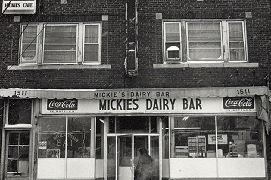 Historical black and white photo of Mickie's Dairy Bar