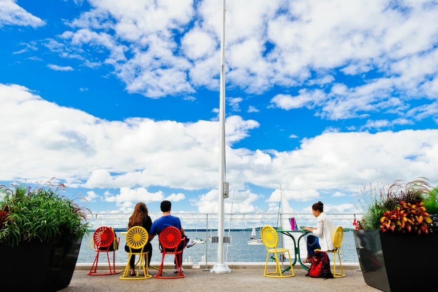 UW students and members of the Madison community enjoy a warm summer day at the Memorial Union Terrace at the University of Wisconsin-Madison